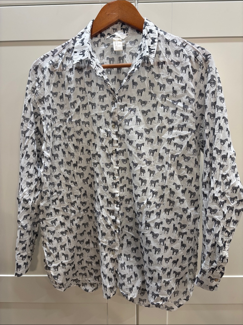 H&M Cotton White Button-Down Shirt with Black Zebra Print